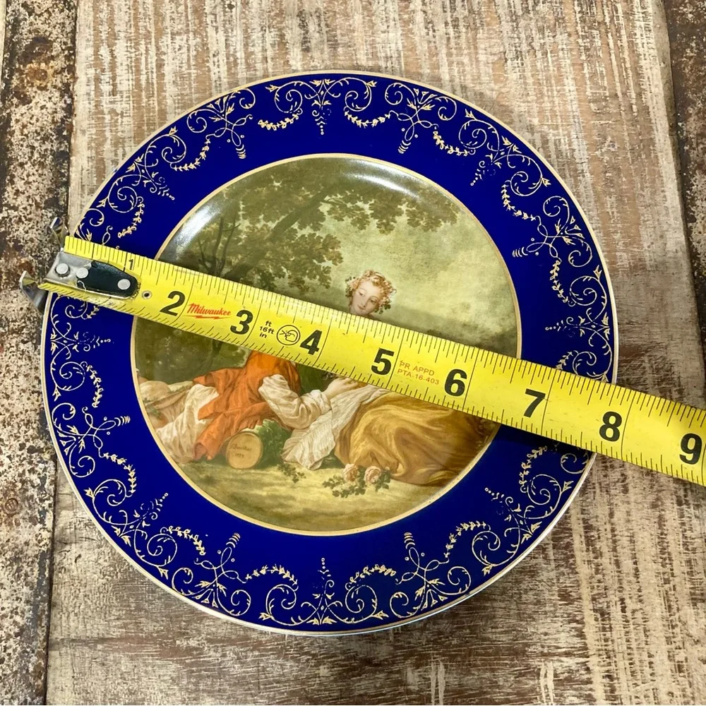 Pair Vintage Reproduction Blue & Gold Decorative Plates Wall Hanging French Art